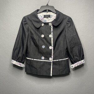 Viola Per Donna Womens Floral-Trimmed Black Jacket With Peter Pan Collar & Puff